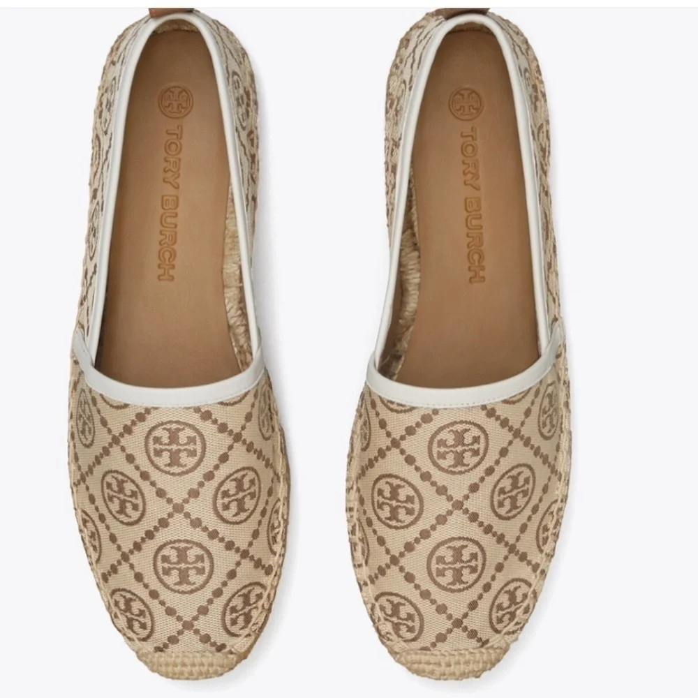 NWT TORY BURCH T MONOGRAM PLATFORM ESPADRILLE Hazelnut Logo Jacquard